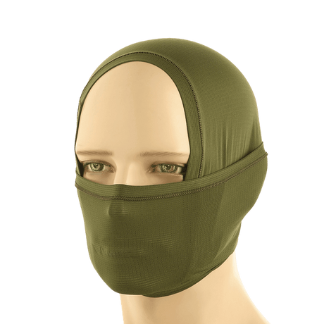 M-Tac Polartec Vent Tube Scarf på mannequin i grøn, multifunktionelt tørklæde til hals og ansigt, fugtafledende og hurtigtørrende materiale.