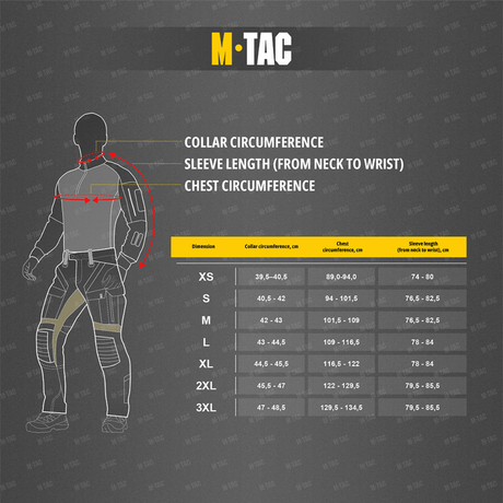 Størrelsesguide for M-Tac T-Shirt 93/7 Summer med krave- og brystmål samt ærmelængde vist i skema.