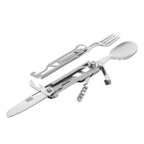 M-Tac Spork Bestiksæt med Karabinhage - praktisk feltbestik med ske, gaffel, kniv og flaskeåbner til camping og vandring.