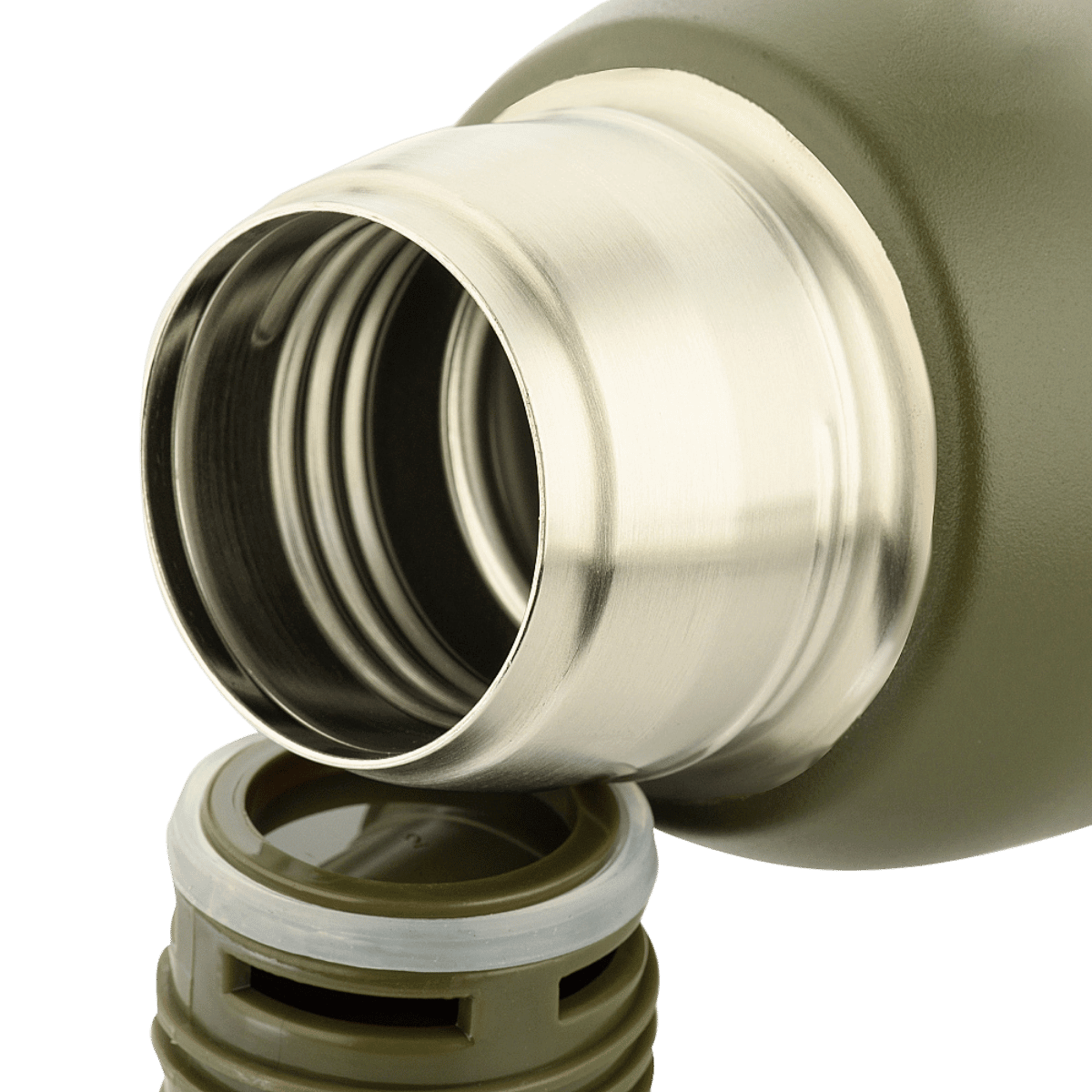 M-Tac Termoflaske Type 2 – 1,3 L i rustfrit stål, ideel til camping og rejser, set med vakuumforseglet låg.