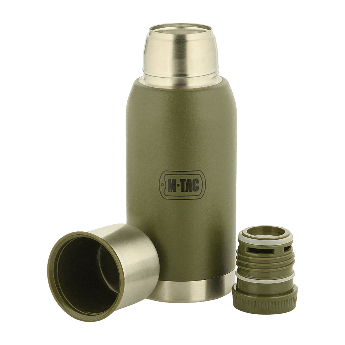 M-Tac Termoflaske Type 2 0.75L i olivengrøn, med skrue- og vakuumlåg, perfekt til udendørs brug og varme eller kolde drikke.