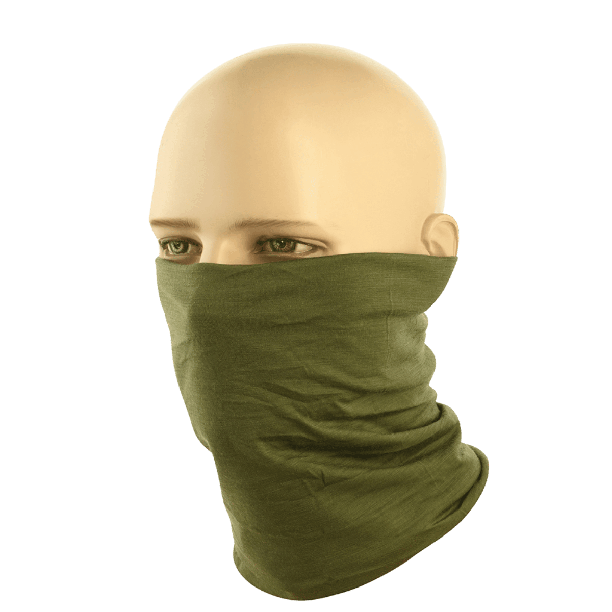 M-Tac Tubehalstørklæde i Merinould i olivenfarve, viser alsidig brug som støvmaske eller halstørklæde, perfekt til udendørs eventyr.