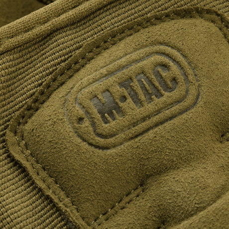 Detalje af M-Tac Handsker Assault Tactical Mk.6 i syntetisk ruskind med forstærkede kno-pads og non-slip håndflade.