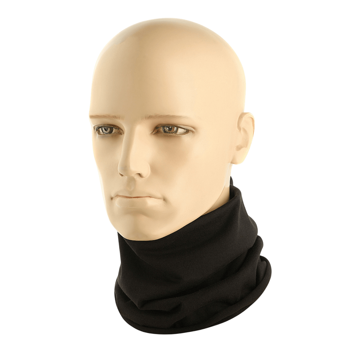 Mandlig mannequin iført en sort M-Tac Bomuld Tube Scarf til taktisk brug og fritidsaktiviteter