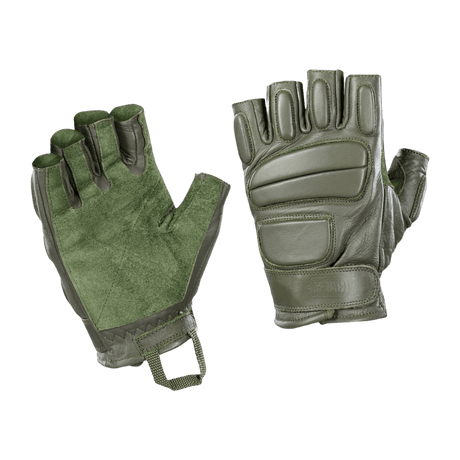 M-Tac Fingerløse Handsker Assault Tactical Mk.1 med forstærket håndflade og dæmpende kno pads til taktisk brug i grøn.