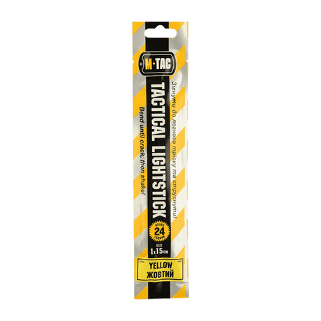 M-Tac Glow Stick 15 cm i gul til taktisk brug, lyser op til 24 timer, sikker og ikke-giftig, perfekt til mørke områder eller signalering.