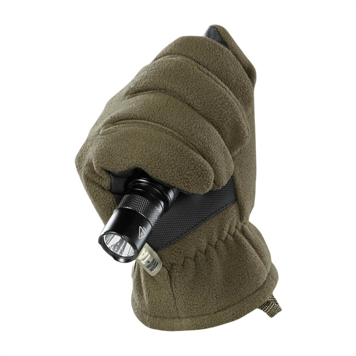 M-Tac Handsker Fleece Thinsulate med Thinsulate isolering, viser en lommelygte holdt af den forstærkede håndflade.