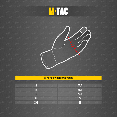 Størrelsesguide for M-Tac Handsker Soft Shell Thinsulate med mål for handskemål i cm.