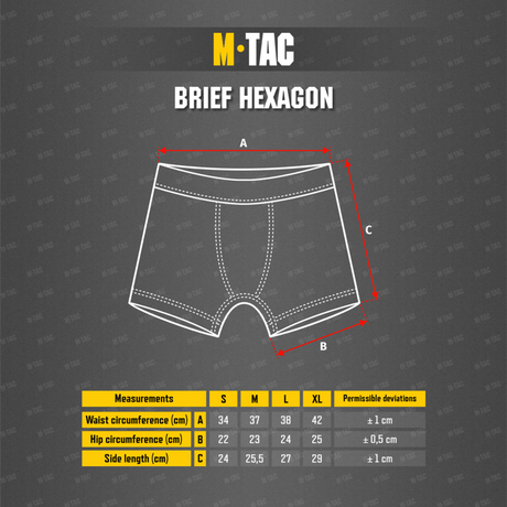 M-Tac Hexagon Sports Underbukser størrelse diagram og målinger. Komfortable og funktionelle sportsunderbukser fra M-Tac.