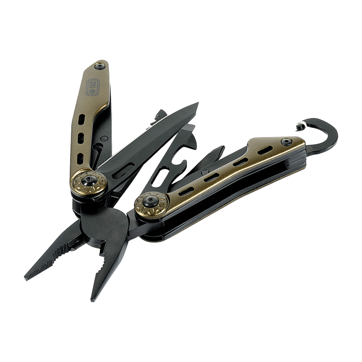 M-Tac Multiværktøj Type 5 i rustfrit stål med forskellige værktøjer til udendørs brug som fisketur eller picnic.