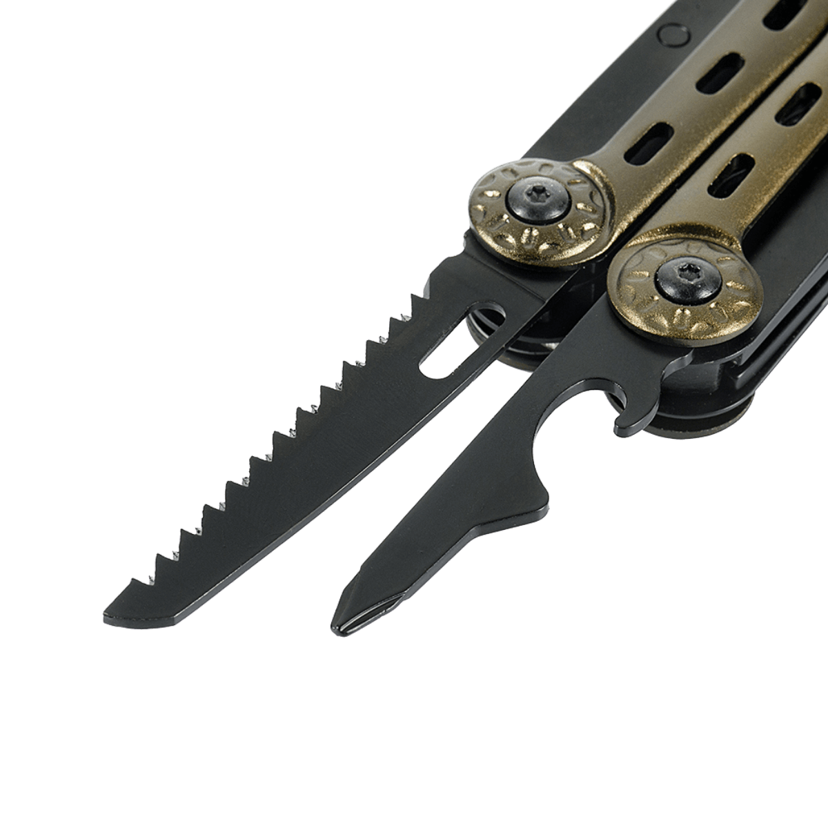 M-Tac Multiværktøj Type 5 med udtrukne værktøjer, ideelt til fisketure, vandreture og udendørsaktiviteter, lavet af 402 rustfrit stål.