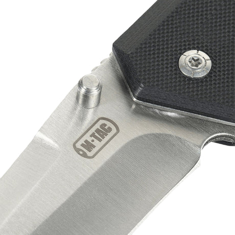M-Tac Outdoor & Militær foldekniv - Type 5 nærbillede af klinge og håndtag, krom rustfrit stål, G10-komposit, EDC-udstyr.