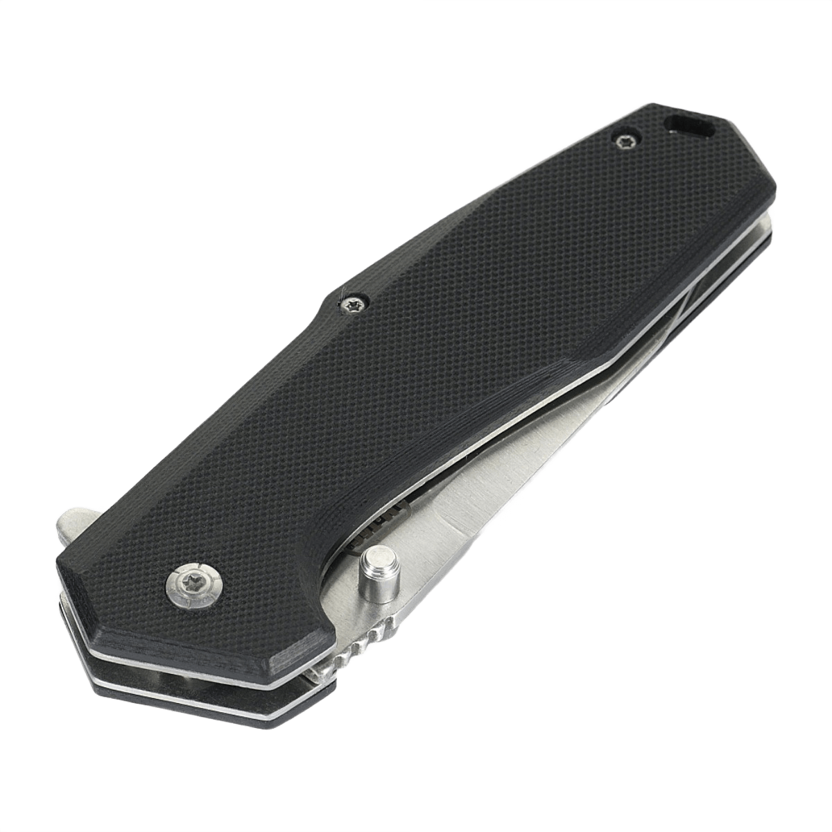 M-Tac Outdoor & Militær foldekniv - Type 5, lukket position, sort aluminiumshåndtag med skridsikre G10-komposit grebsflader.