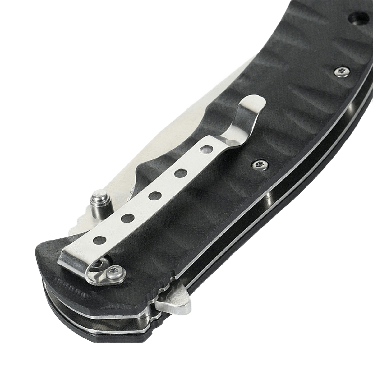 M-Tac Outdoor & Militær foldekniv - Type 4 med G10-håndtag og krom rustfrit stål klinge, set fra siden.