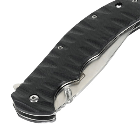 Sort håndtag på M-Tac Outdoor & Militær foldekniv - Type 4 med G10-komposit for holdbarhed.