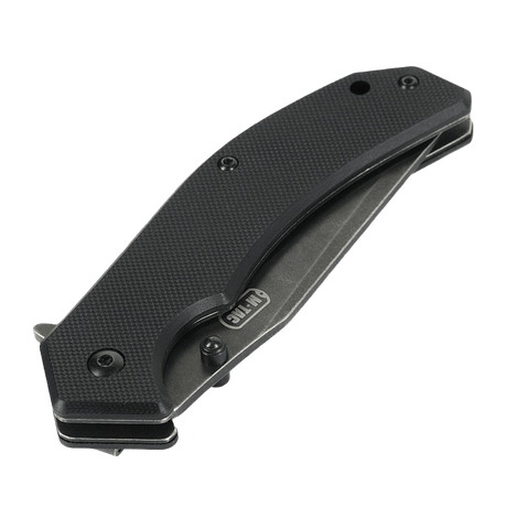 M-Tac Outdoor & Militær foldekniv - Type 8, sammenfoldet og klar til bæring, viser det ergonomiske sorte håndtag med en Clip Point-form klinge.
