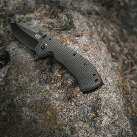 M-Tac Outdoor & Militær foldekniv - Type 7 på sten, letvægts design, sort klinge i krom rustfrit stål, frame-lock mekanisme