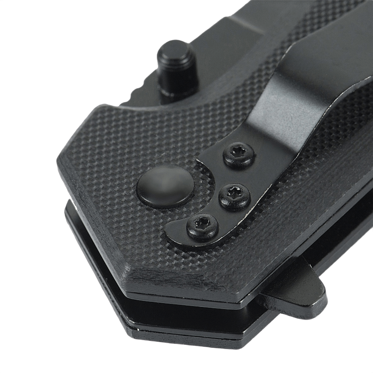 Detalje af M-Tac Outdoor & Militær foldekniv - Type 5 med aluminiumshåndtag og skridsikre G10-kompositgrebsflader.