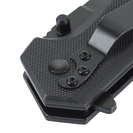 Detalje af M-Tac Outdoor & Militær foldekniv - Type 5 med aluminiumshåndtag og skridsikre G10-kompositgrebsflader.