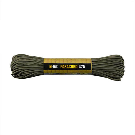 M-TAC Paracord 475 i olivengrøn, 100% nylon, 15 m lang, ideel til outdoor-aktiviteter og lejr, høj trækstyrke, letvægts design.