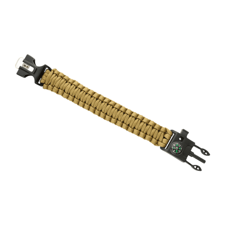 M-Tac Paracord Armbånd med Ildstarter, Kompas og Fløjte i olivengrøn, perfekt til overlevelse og friluftsaktiviteter.