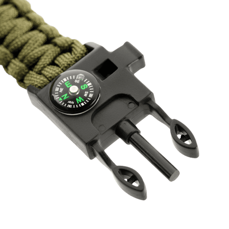 M-Tac Paracord Armbånd med Ildstarter, Kompas og Fløjte i grøn farve med nøglefunktioner, perfekt til friluftsliv og overlevelse.