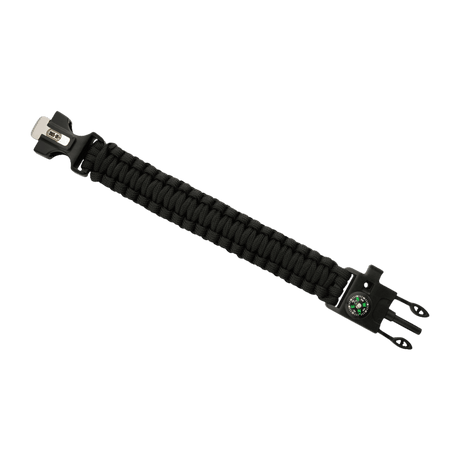 M-Tac Paracord Armbånd med Ildstarter, Kompas og Fløjte til ekstrem friluftsliv, sort paracordarmbånd med ekstra funktioner.