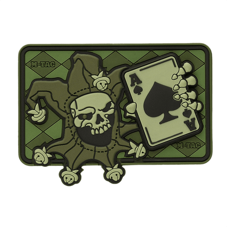 M-Tac Patch Joker Skull 3D PVC med joker og es i dødskort design, taktisk morale patch i PVC med velcro, 78 x 55 mm.