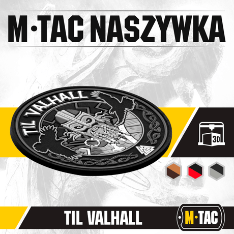 M-Tac Patch Til Valhall PVC med 3D-design og velcro, hylder norske soldater og TIL VALHALL-ritualet, perfekt til uniform eller taske.