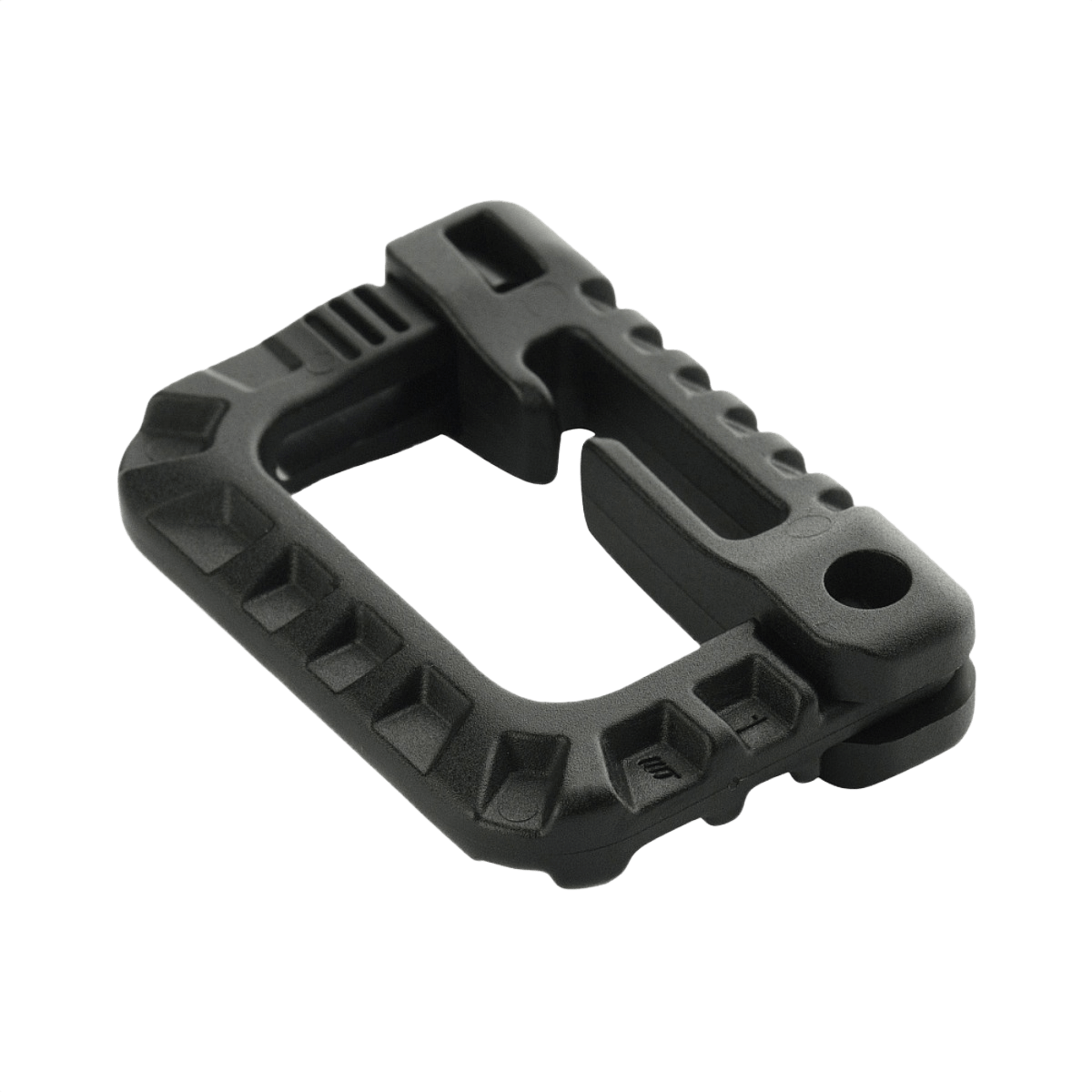 M-Tac Plast Karabin i holdbart ABS-plast til nem fastgørelse på vest, bælte eller taske; let og robust konstruktion, ej til klatring.