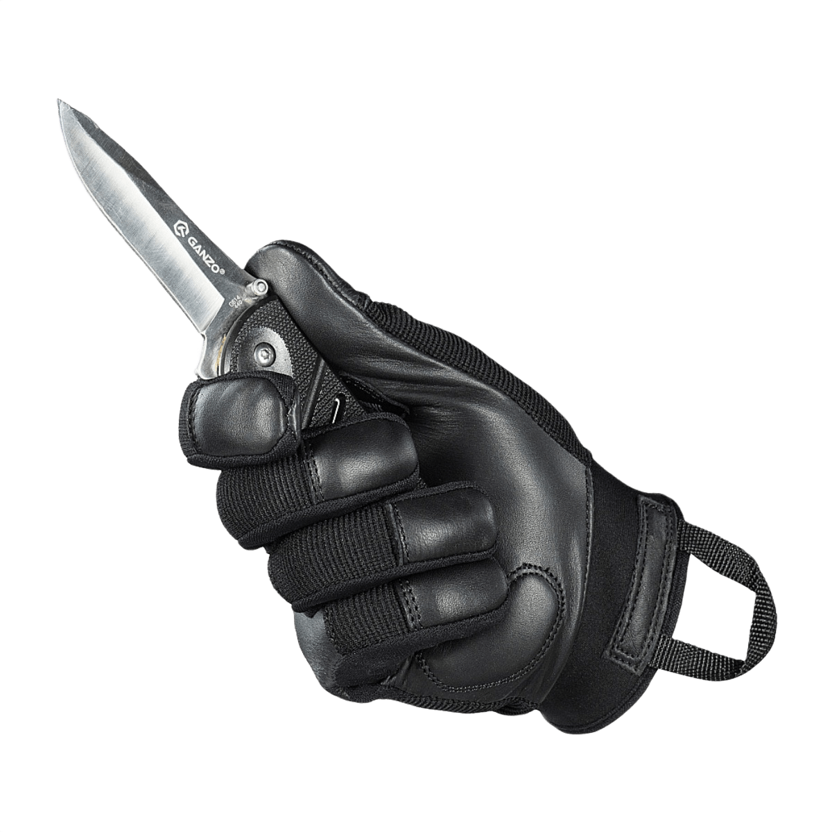 M-Tac Handsker Police Gen.2 taktisk handske i sort læder og syntetisk materiale, der holder et knivfast greb om en kniv.