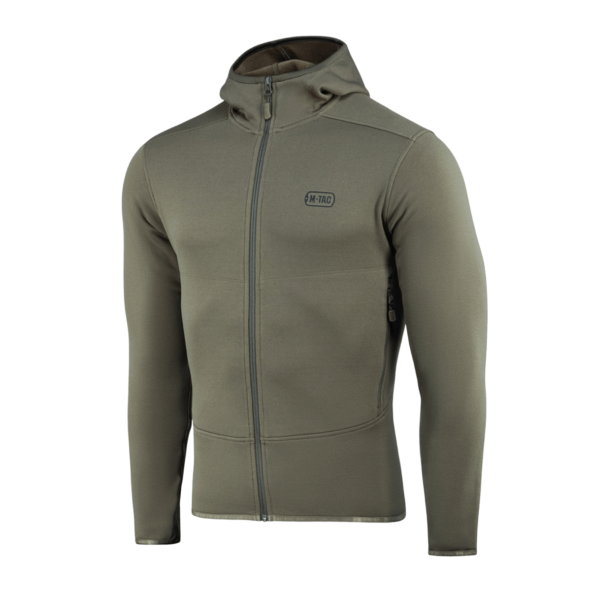 M-Tac Shadow Polartec Fleece Sweatshirt med hætte, slidstærkt Power Stretch Pro-fleece, olivengrøn farve, let og funktionel design.
