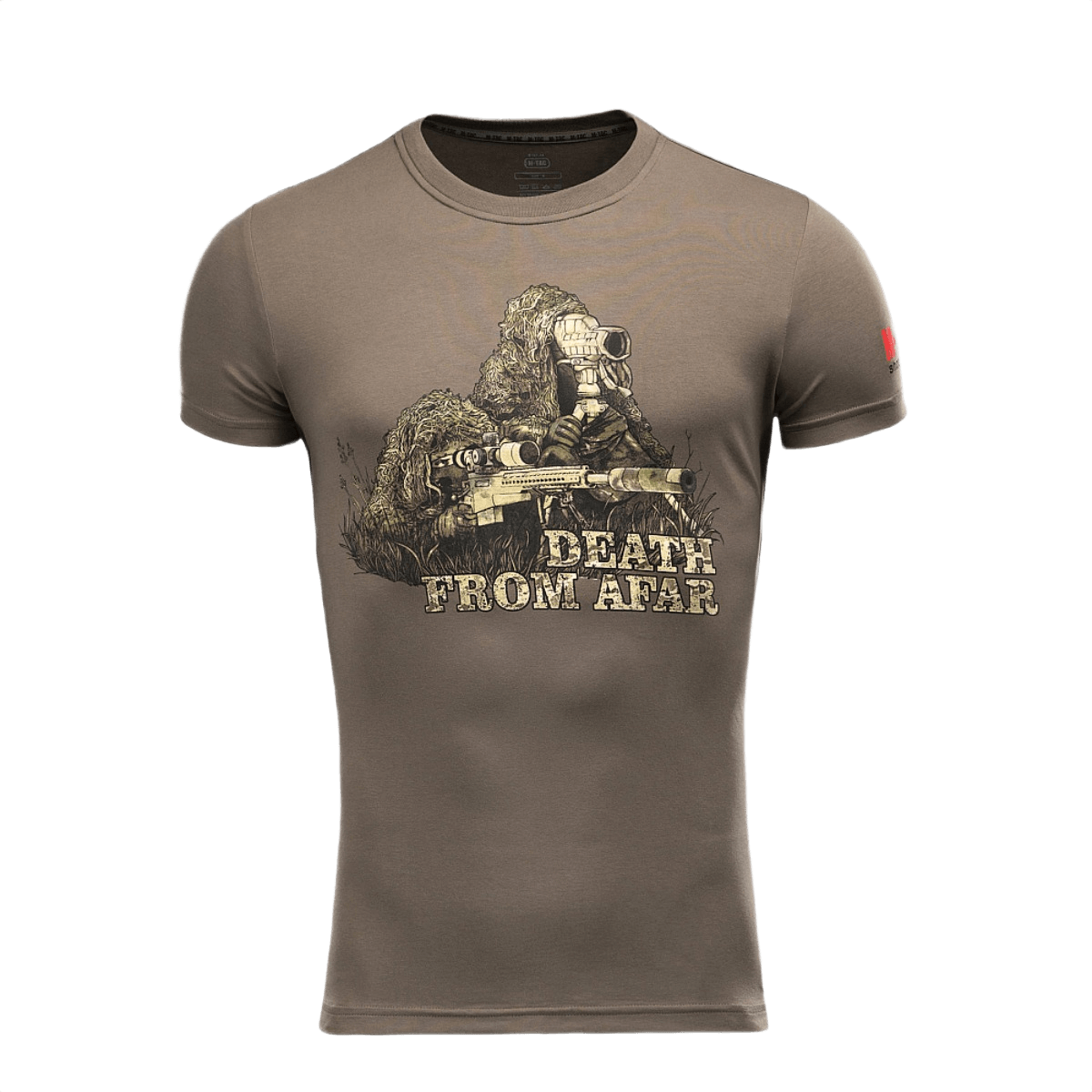 M-Tac Sniper T-shirt med print 'Death From Afar' - 93% bomuld, 7% elastan, holdbar og komfortabel design til hverdagsbrug og militær uniform.