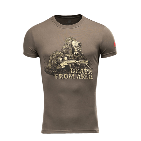 M-Tac Sniper T-shirt med print 'Death From Afar' - 93% bomuld, 7% elastan, holdbar og komfortabel design til hverdagsbrug og militær uniform.