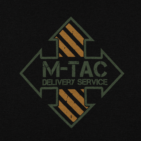 M-Tac T-Shirt Delivery Service logo med pilmotiv, trykt på sort baggrund.