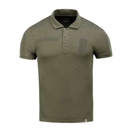 M-Tac Tactical Polo Shirt 65/35 i olivengrøn med velcro-paneler til patches, ideel til politi og sikkerhedspersonale uniformsbrug.