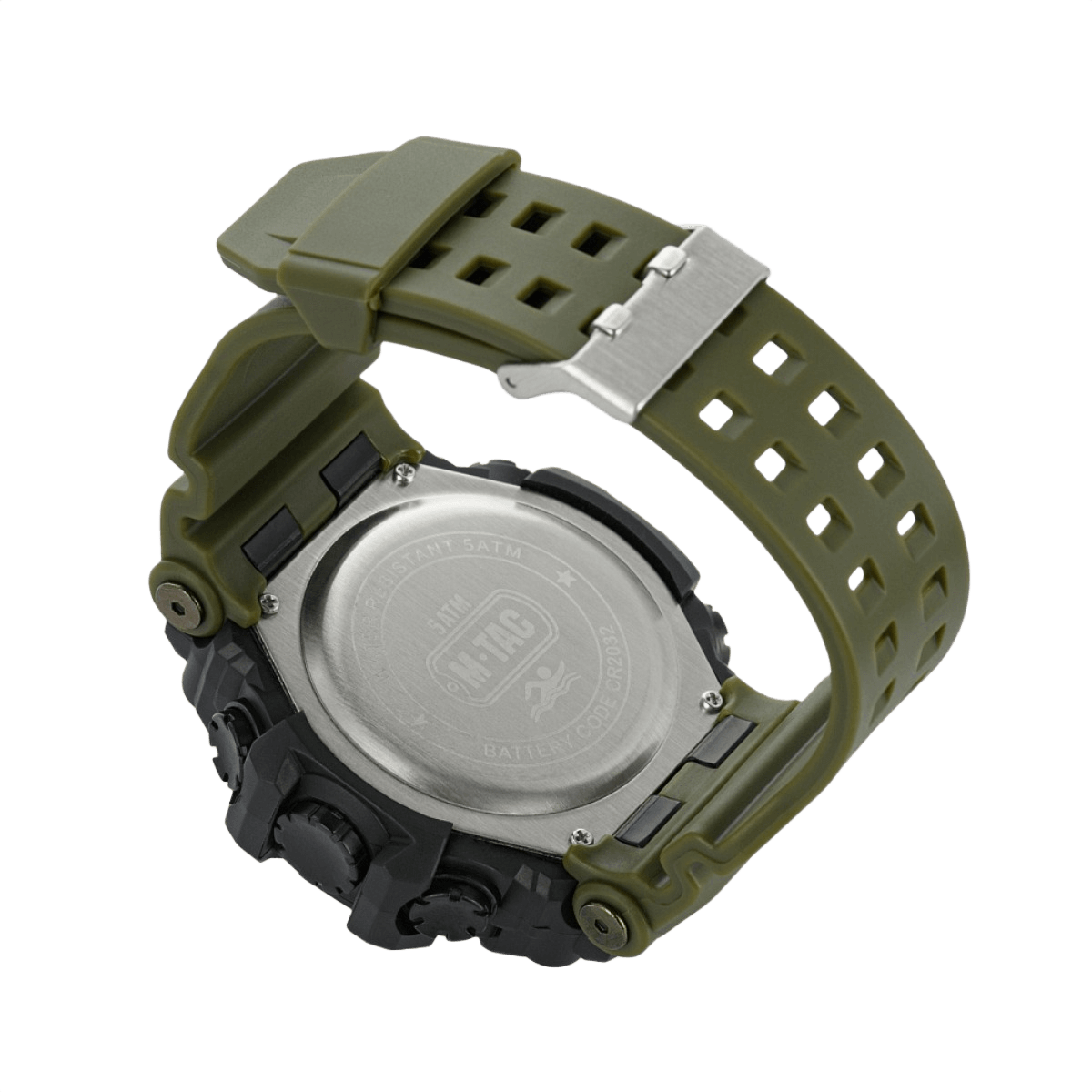 M-Tac Tactical Ur 2037 set bagfra med stålbagcover og grøn rem, vandtæt til 5ATM, robust design til udendørs brug.