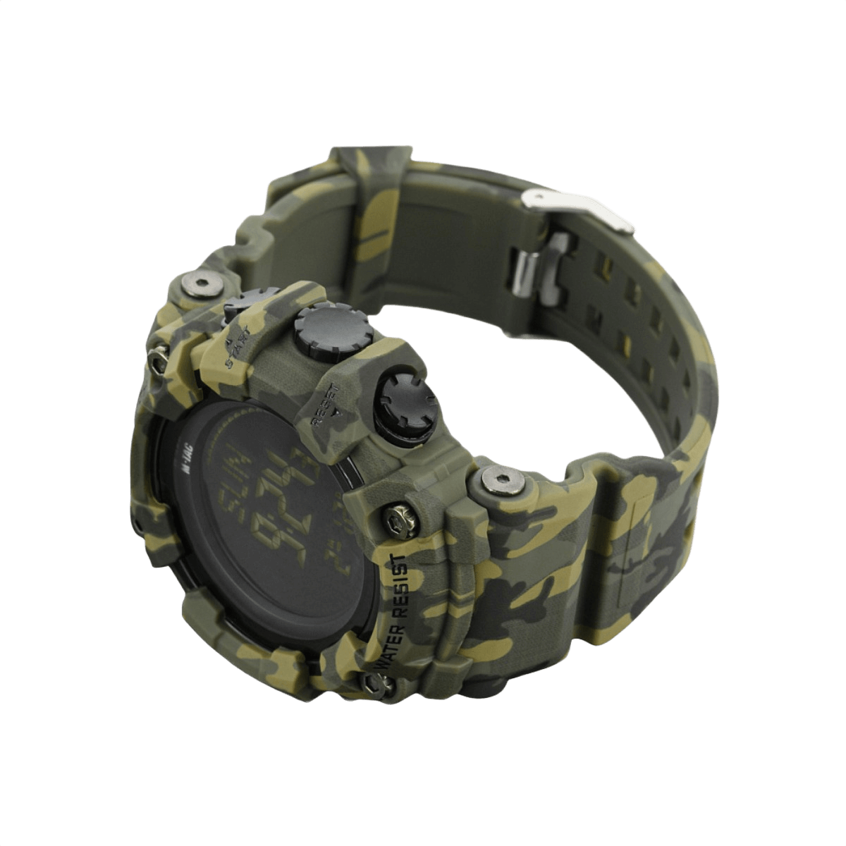 M-Tac Tactical Ur 2037 i camouflagedesign med kompas og LED-baggrundsbelysning. Holdbart outdoor-ur, vandresistent op til 5ATM. Ideelt til taktisk brug.