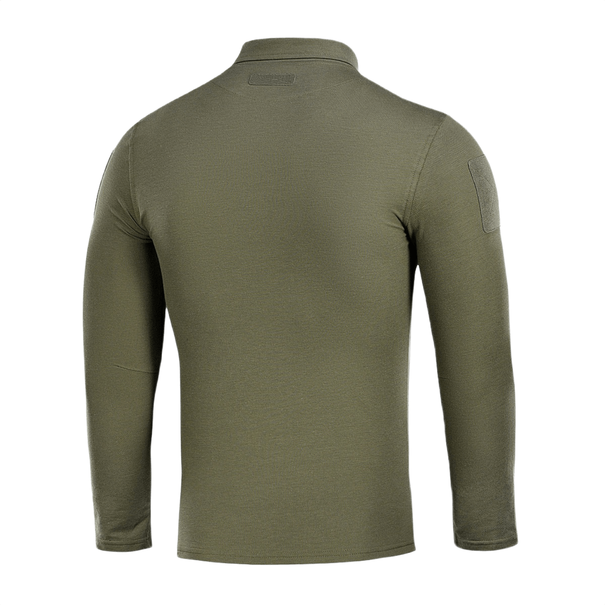 M-Tac Tactical Polo Shirt Langærmet 65/35, bagfra, grøn, designet til politi og sikkerhedspersonale, viser ærmer med velcro-paneler.