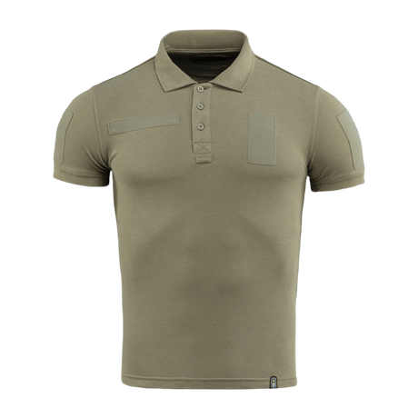 M-Tac Tactical Polo Shirt 65/35 i olivengrøn med velcro-paneler, perfekt til politi og sikkerhed, bomuld-polyester blanding for komfort og holdbarhed.