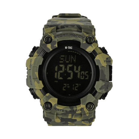 M-Tac Tactical Ur 2037 med camouflagedesign, LED-baggrundsbelysning og vandmodstand på 5ATM, ideelt til taktisk og udendørs brug.