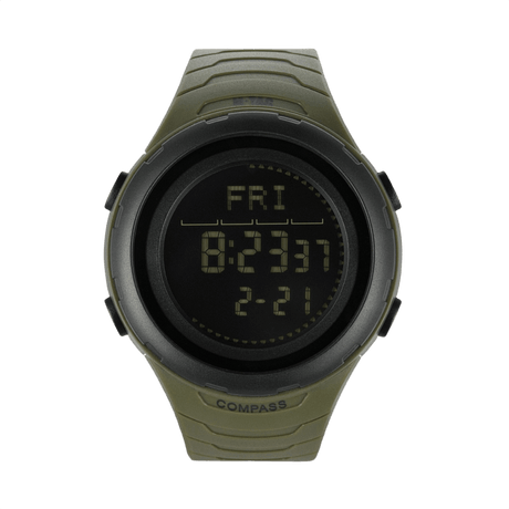M-Tac Tactical Ur 2166 med kompas, LED-baggrundsbelysning, ABS-plastik kasse og vandmodstand 5ATM for holdbarhed og funktionalitet.