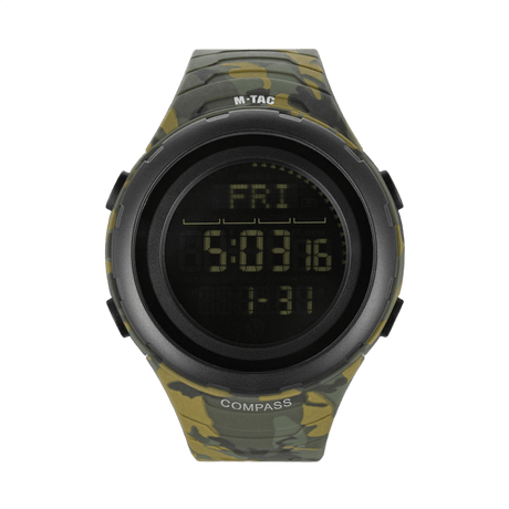 M-Tac Tactical Ur 2166, robust ur med kompas og LED-baggrundsbelysning, camouflage design, vandtæt op til 5ATM, ideelt til outdoor brug.