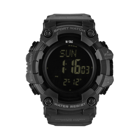 M-Tac Tactical Ur 2037 sort digital ur med kompas, LED-baggrundsbelysning og 5ATM vandmodstand, ideelt til outdoor og taktisk brug.