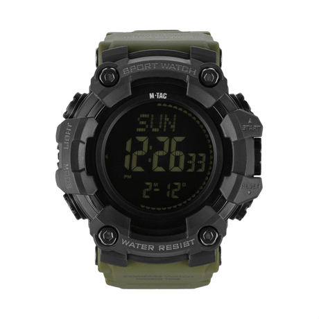 M-Tac Tactical Ur 2037 med LED-baggrundsbelysning, kompas og robust design i ABS-plast, ideel til taktisk og outdoor brug, vandtæt 5ATM.
