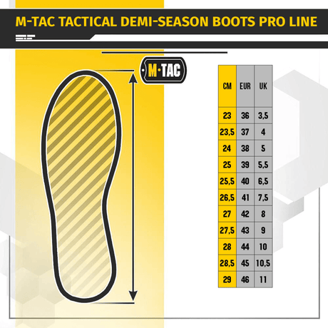 Størrelsesoversigt for M-Tac Taktiske Demi-Season Støvler Pro Line i cm, EUR og UK størrelser, med Vibram-sål illustration.