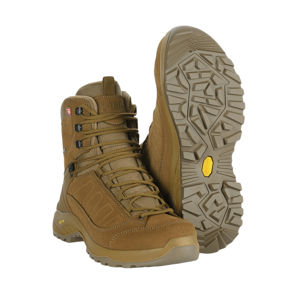 M-Tac Tactical Vinterstøvler med ruskind, Vibram-sål og Primaloft-isolering, designet til udendørs og kolde miljøer.