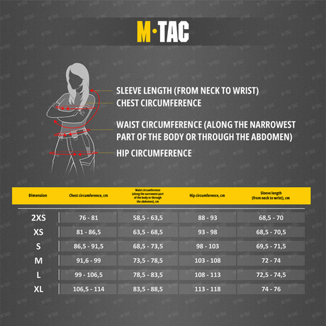Størrelsesguide for M-Tac T-shirt Ultra Light Polartec Lady med mål for ærmelængde, bryst, talje og hofteomfang.