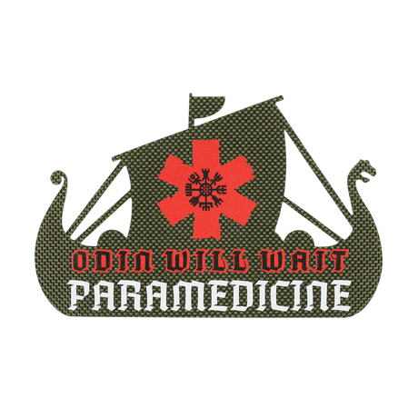 M-Tac Patch Viking Evac med teksten 'Odin Will Wait Paramedicine' i rød og hvid. Design indeholder et vikingeskib. Militær patch.
