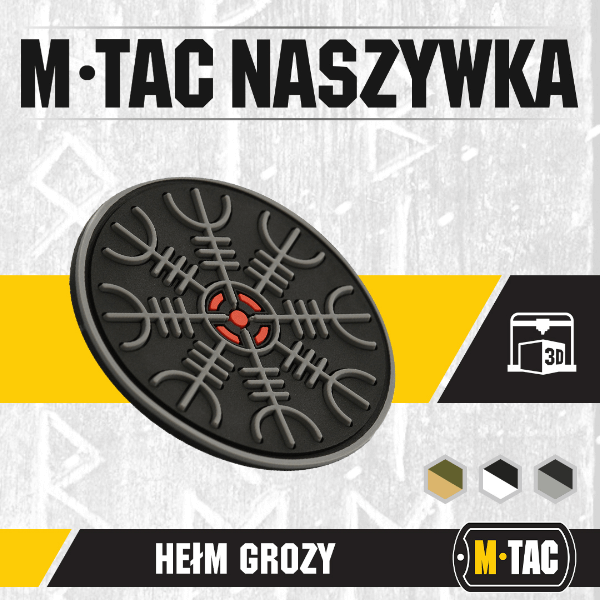 M-Tac Patch Egeshjelm 3D PVC med Velcro og vikingesymbol, Helm of Terror, i gummi med 3D-effekt til montering på uniform, taske eller udstyr.